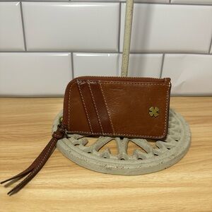 Lucky brand Brown Leather ID & Card Holder wrap around zip tassel with key ring